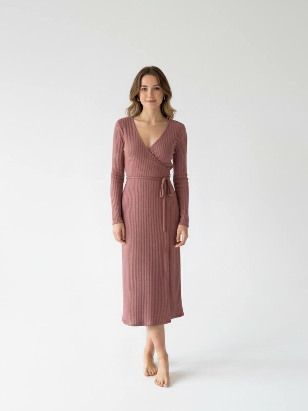 Ribbed Wrap Midi Dress in Mauve